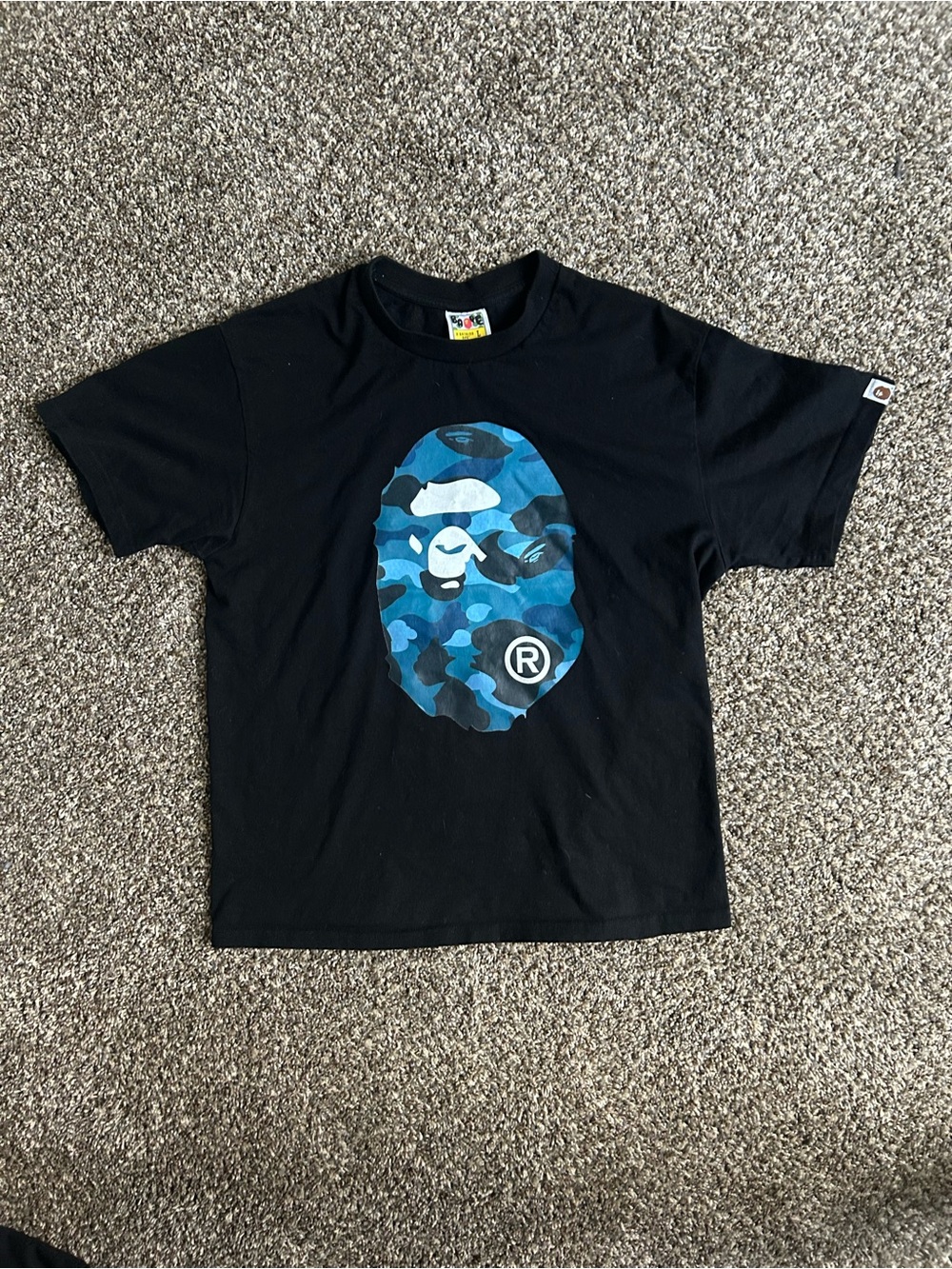 Bape Black Tee with Green Camo Tag and Red Ape Logo
